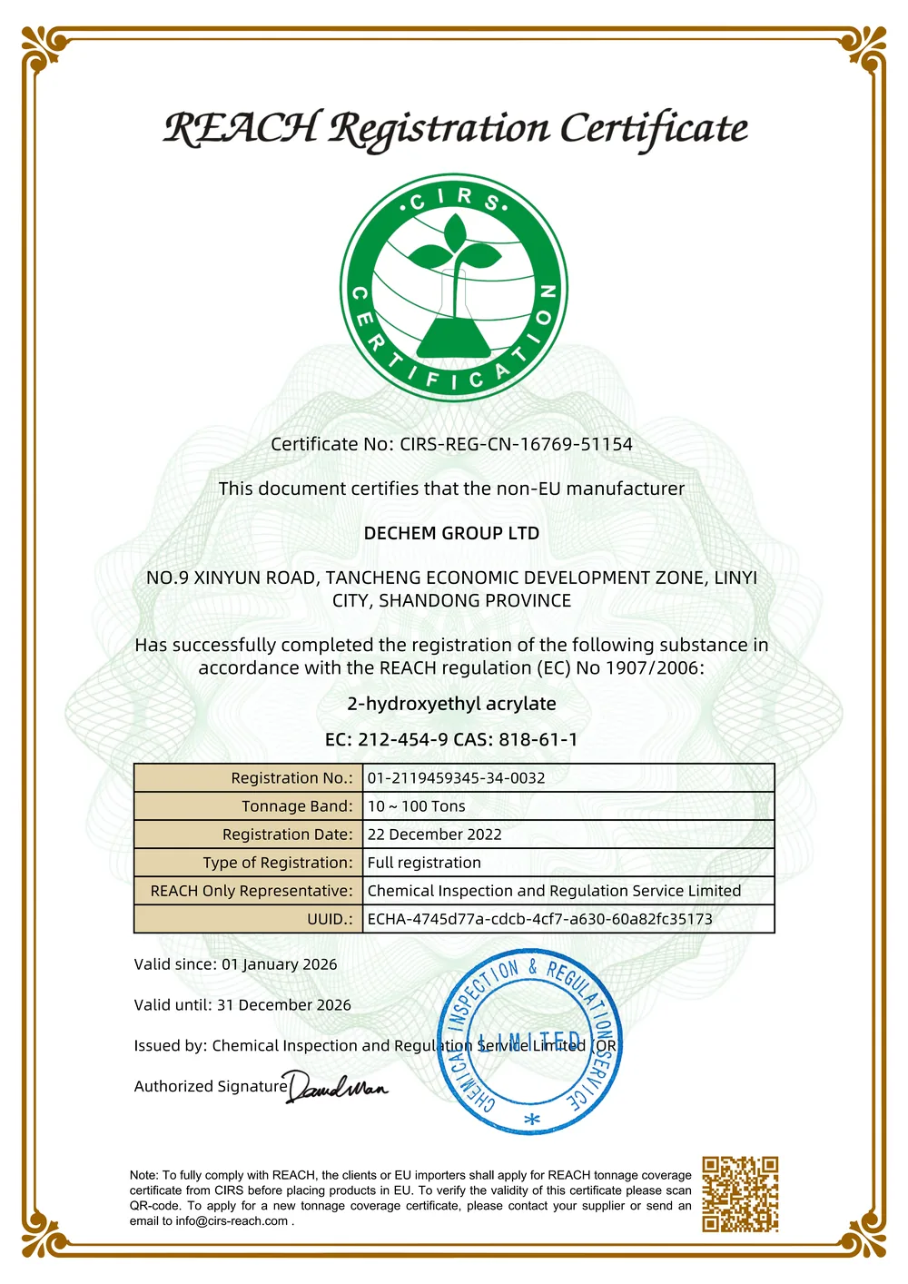 REACH — 2-HEA (CAS 818-61-1)