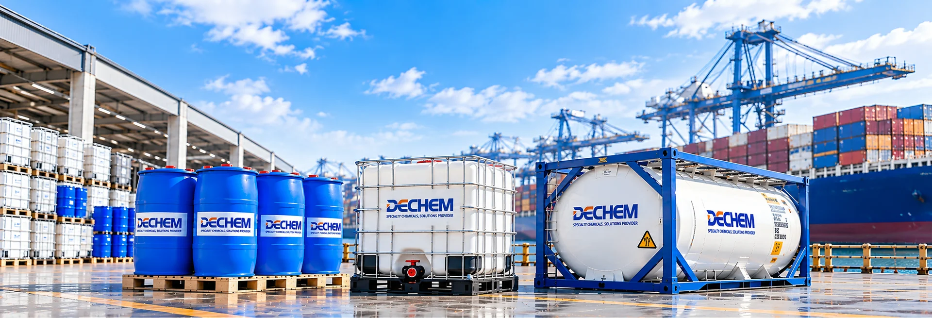 DECHEM chemical packaging at Qingdao port: 200kg drums, IBC totes and ISO tank ready for export